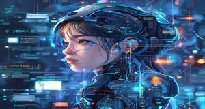 AI技术赋能内容创作的未来场景,数字艺术风格,展示福利姬文化与人工智能融合的可能性